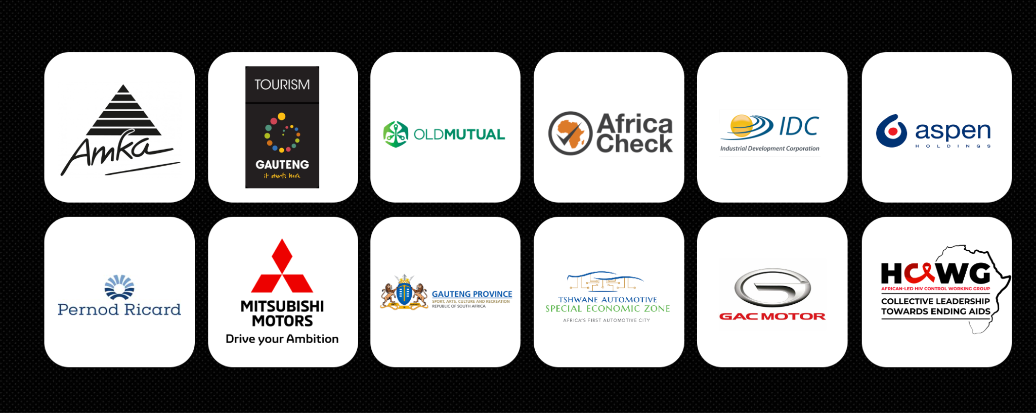 Soulproviders Collective client partners including Mitsubishi Motors, GAC, AMKA, Pernod Ricard, Old Mutual, Aspen, IDC, Africa Check, Tourism Gauteng, Gauteng Province, Tshwane Automotive SEZ and HCWG
